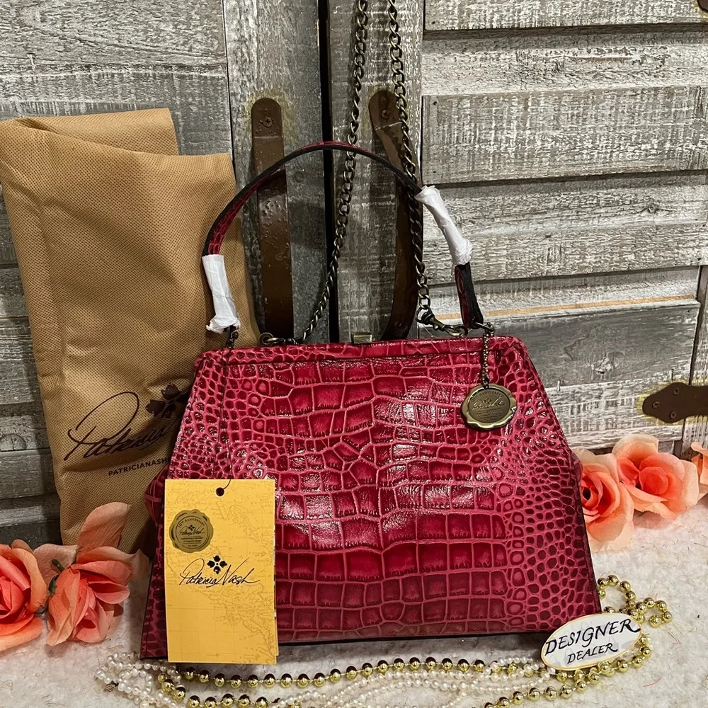 Authentic PATRICIA NASH Bonifati Croc Embossed Leather Frame Bag Magenta NWT